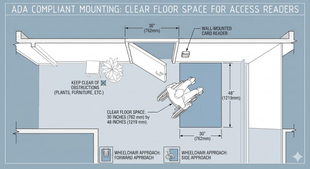 ADA Compliance and Access Control Systems 2 Floor plan showing the required 30 by 48 inch clear floor space for ADA accessibility