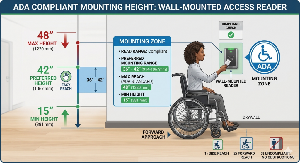 ADA Compliance and Access Control Systems 1 Diagram showing ADA-compliant mounting heights for access control card readers, including a 48-inch maximum, 15-inch minimum, and a preferred 36–42 inch range, illustrated with a wheelchair user accessing a wall-mounted reader
